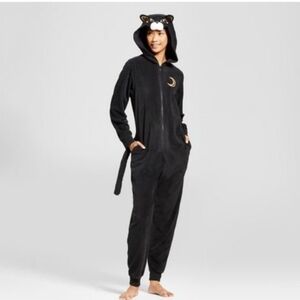 Xhilaration Black Cat/Half Moon One Piece Suit Fleece Sleepwear W/ Pockets